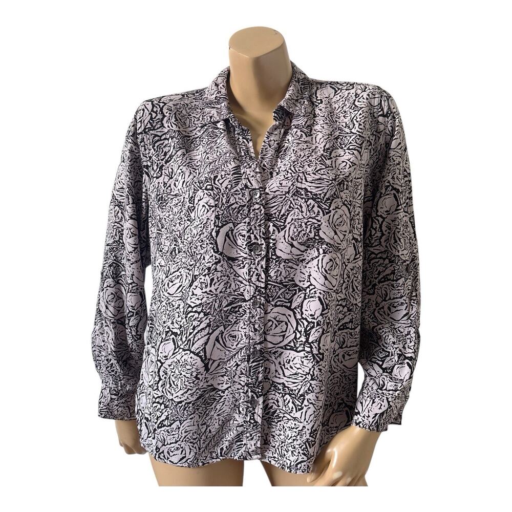 Rock & Republic Floral Button Front Rayon Blouse Beige Black Large